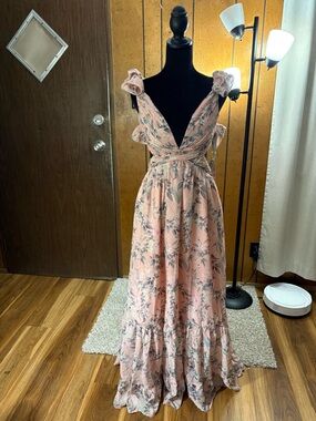 Sunfere Floral  Pink V-Neck Ruffle Maxi Dress